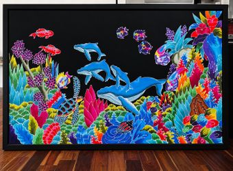 Framed XXL Bali Batik Ocean Sea Life Painting - Underwater Coral Reef & Whales