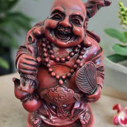 Vintage 8 Inch Buddha, Made Red Resin, Solid Statue In Excellent Condition.