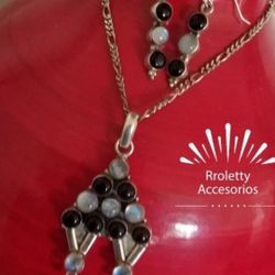 Sterling Silver 925 Necklace And Earrings With Onyx And Moon Stones.