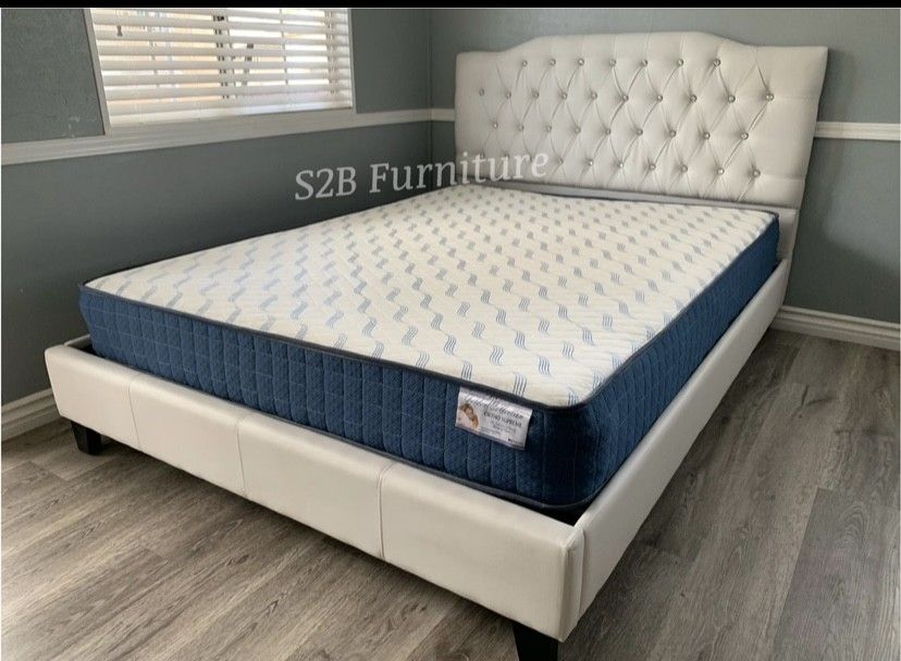 Queen White Crystal Button Bed With Ortho Mattress Included