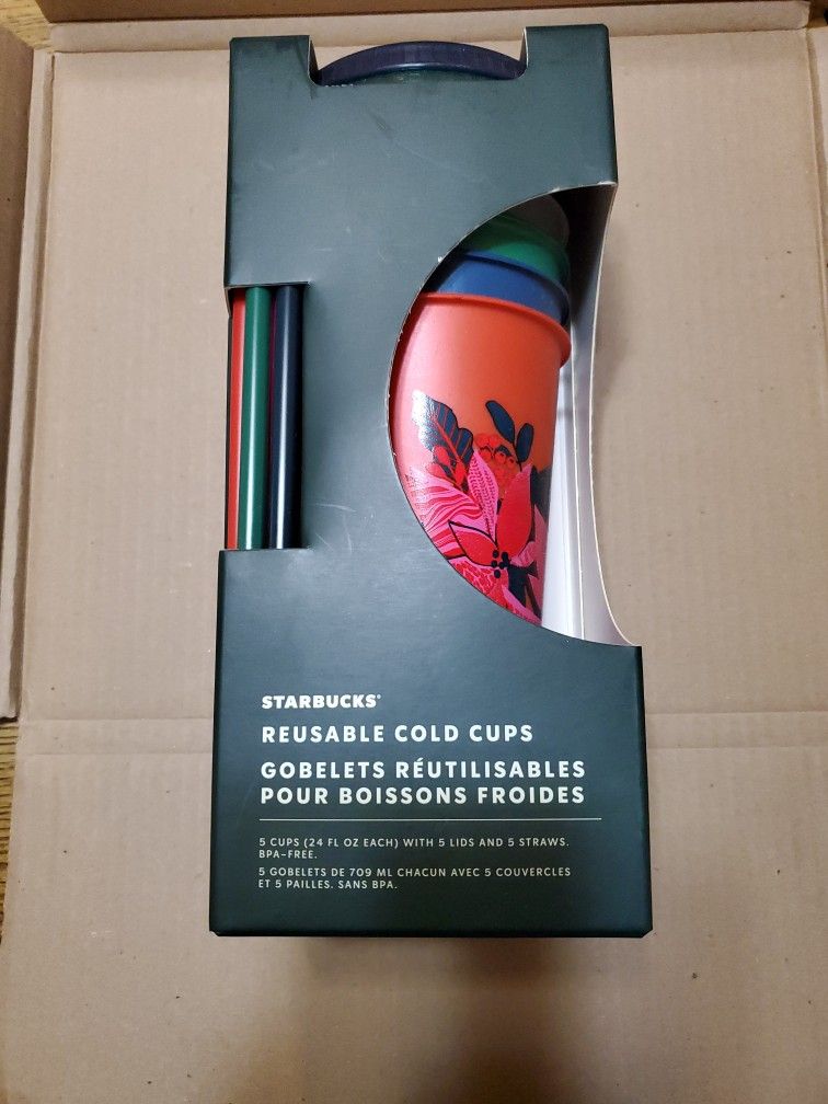 Starbucks 5 Pack Christmas/Holiday Reusable Cups With Straws and Lids