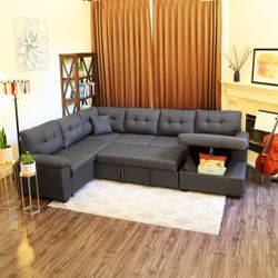 KaMic 118" 5-Seat Fabric U-Shaped Left Facing Sectional Sleeper Sofa Upholstery with Storage Chaise and Pull Out Sleeper