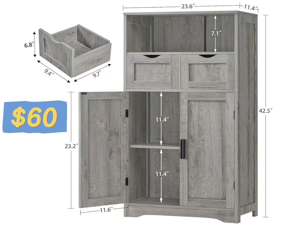 😀 Bathroom Cabinet with 2 Drawers & Adjustable Shelf, Bathroom Storage Cabinet with 2 Doors, for Living Room, Home Office, Grey