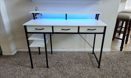 White Modern Metal and Wooden Computer Desk/Gaming Desk/Makeup Table with Drawers, Shelves, LED lights, Monitor Stand and Charging Station