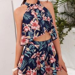  Tropical Print Tie Back Halter Top & Skirt Set
