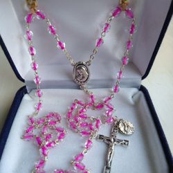 Pink Crystal Rosary With Sterling Silver Medal Attached