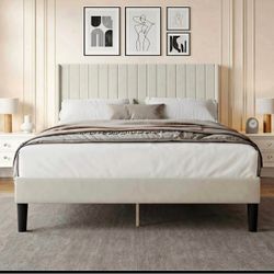 Upholstered Platform Bed with Tufted Headboard, Queen, Beige
