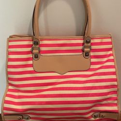 Ladies REBECCA MINKOFF PINK STRIPED DIAMOND PURSE HANDBAG TOTE CANVAS 