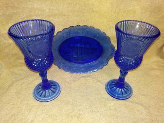 VNTG AVON FOSTORIA GLASS-COBALT BLUE-MT VERNON-WASHINGTON-PLATE & GOBLETS