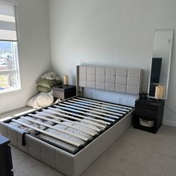 Queen Lift Up Storage Bed Frame with Big Underneath Storage - Beige