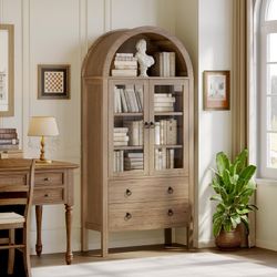 71” Arched Storage Cabinet Pantry Display Bookcase with 2 Large Drawers 