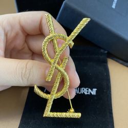 Saint Laurent Gold Logo Letter Brooch Womens