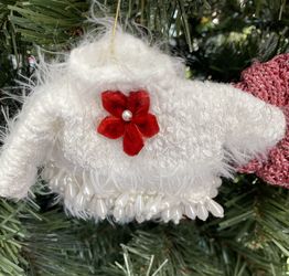 Hand-knit Christmas Ornament Sweater with Poinsettia & Faux Pearls.
