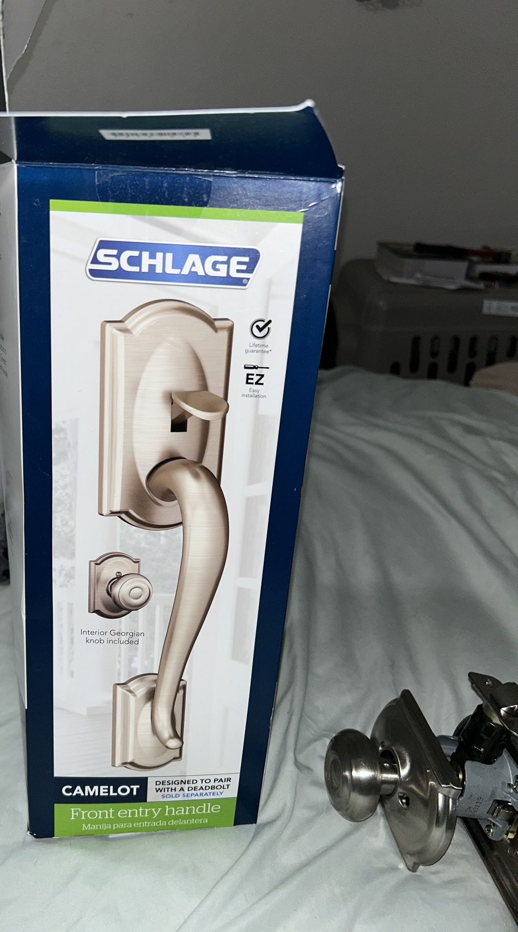 Schlage Camelot Satin Nickel Door Handleset Grip with Georgian Door Knob and Camelot Trim
