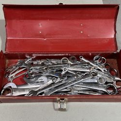 15” tool box with 40 assorted wrenches. Metric & SAE. SK, Proto, Mac, Snap on, Cornwell etc