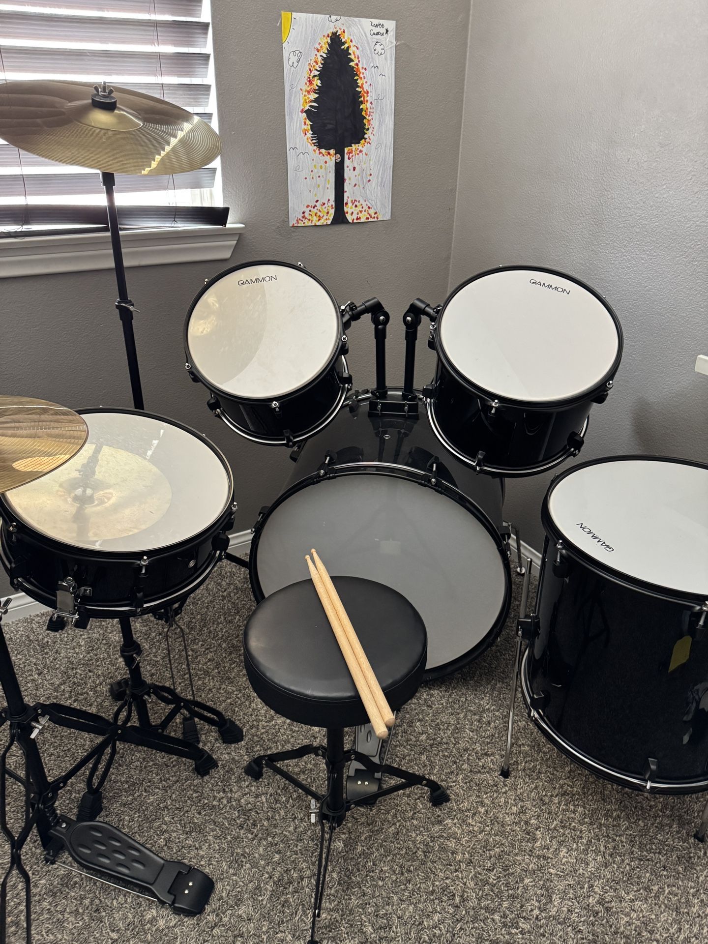 Gammon Percussion Full Size Complete Adult 5-Piece Drum Set with Cymbals, Stands, Stool, and Sticks - Black