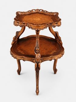 Italian Rococo Revival Marquetry Two-Tier Table w/ Carved Cherubs, c.1950's - Delivery Available