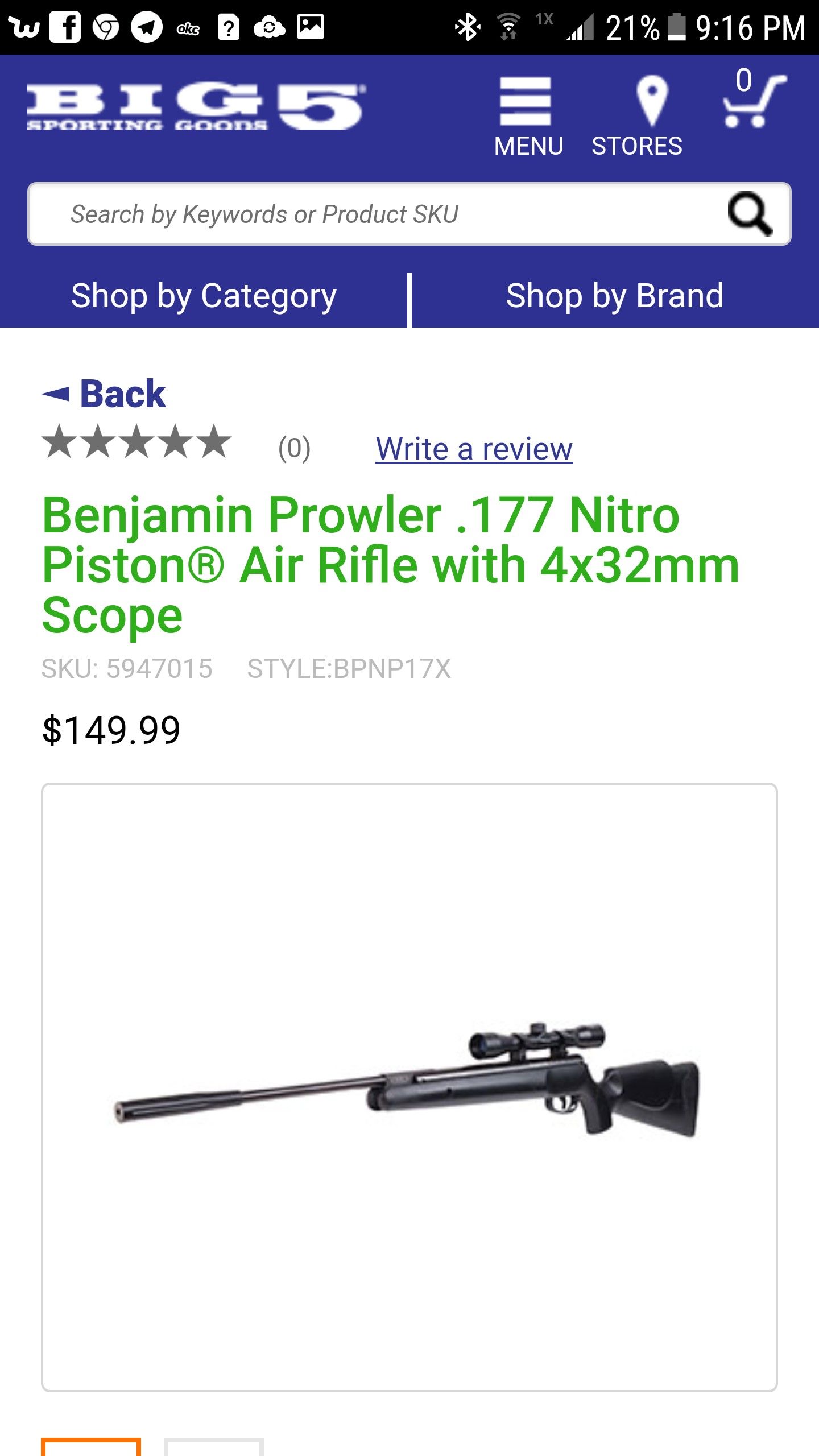 Benjamin Prowler .177 nitro piston air rifle With 4x32mm scope below retail price retails for $150 selling for $120