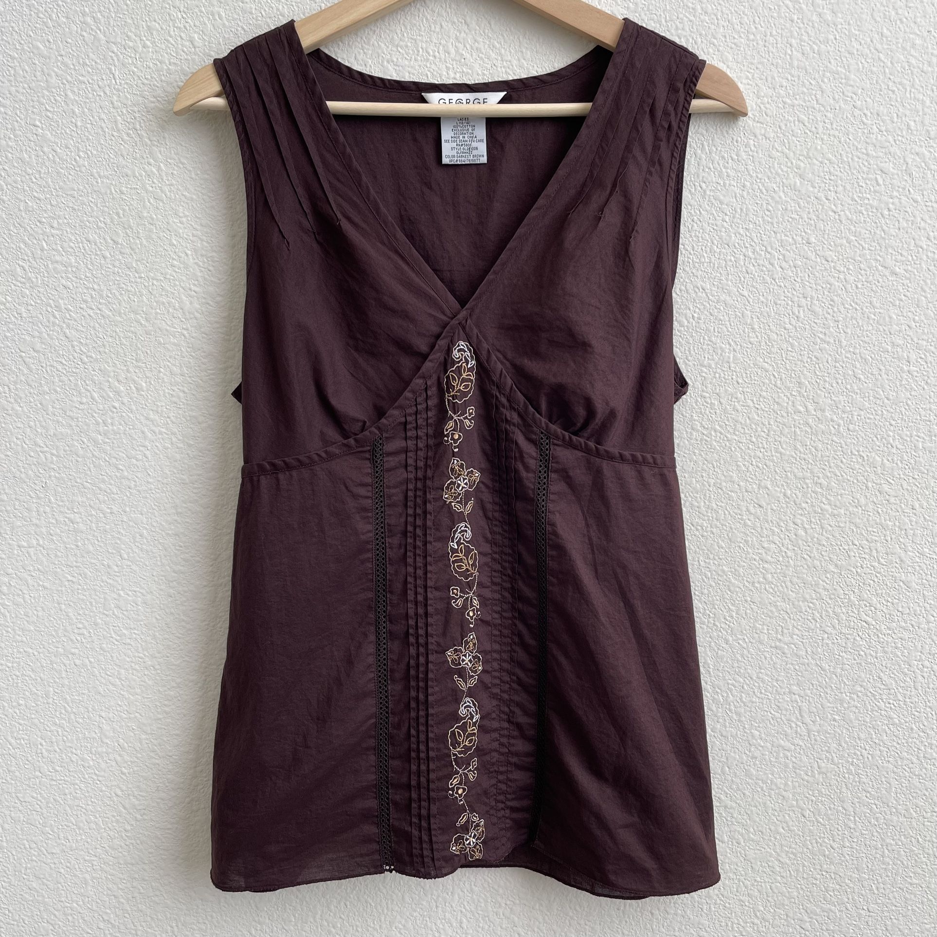 GEORGE Vintage Brown V Neck Floral Embroidered Cottagecore Sleeveless Tank Top