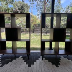 Pair of Mid-Century Modern Style 8-Cube Staggered Bookshelves - Walnut Finish
