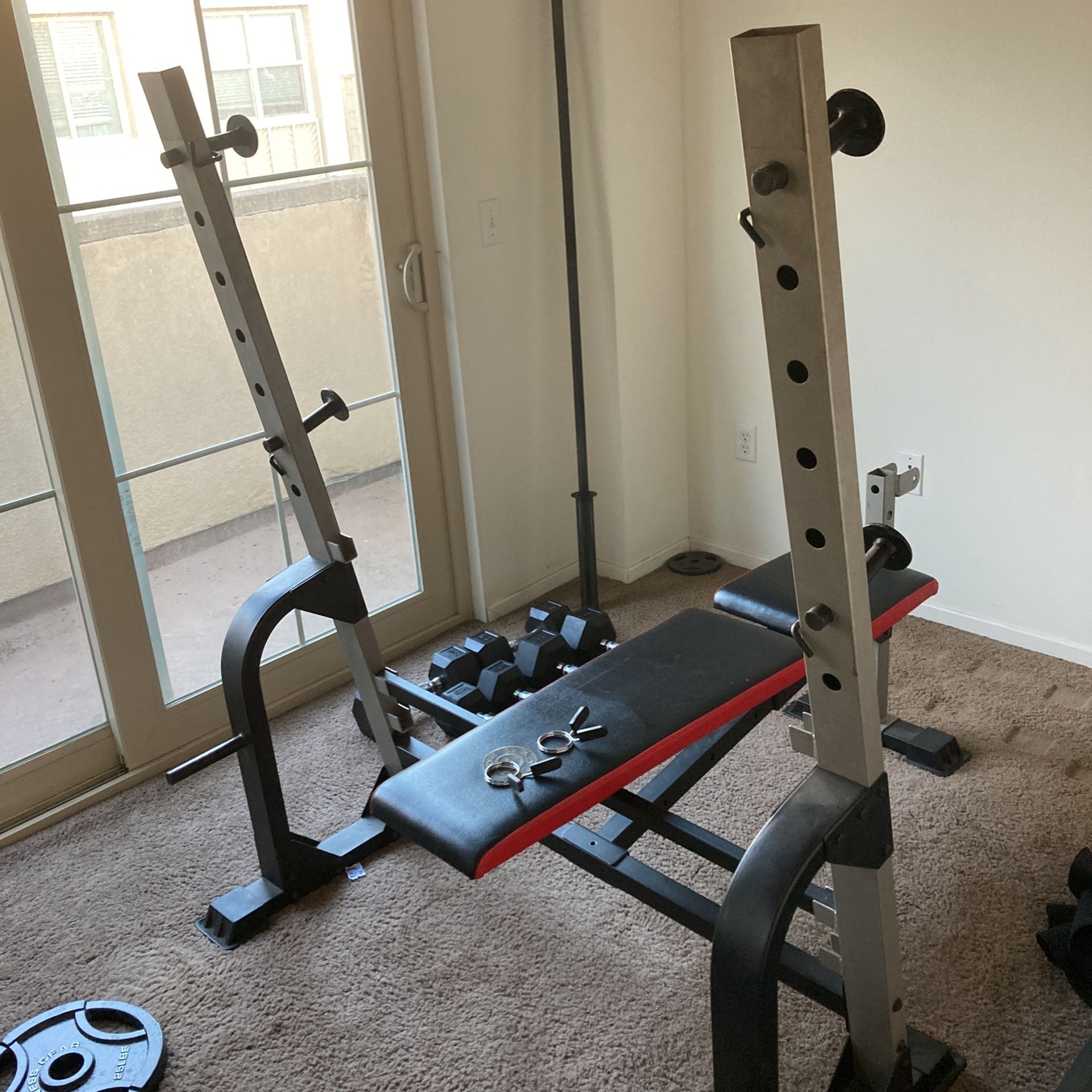 Dumbbells , Plates , Bar , And Bench