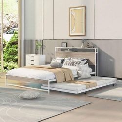 Polibi White Metal Frame Queen Platform Bed with Trundle, USB Ports a | SaleSumo INSANE DEAL (FIRM)