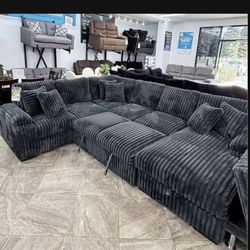 Brand New Comfy Plush Charcoal Corduroy Sectional W/ Pullout 