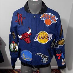 Jeff Hamilton Men Large NBA Team Logo Patch Wool Leather Jacket NAVY Denim NWOT