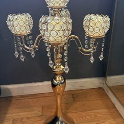 5-Arm Crystal Beaded Globe Candelabra 25" Gold - Metal Candle Holder for Stylish Pillar Table Centerpiece Decor