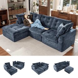 112" Oversized Modular Sectional L Shaped Sofa, Wide & Deep Seat Boneless Cloud Couch With Multi-Purpose Round Pillow, No Assembly (Blue)