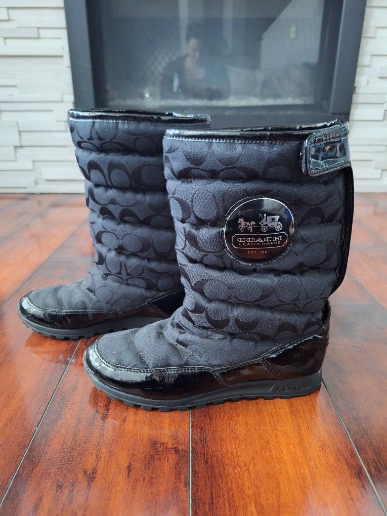 Coach JORDY Designer Patent Leather Women Snow Winter Boots Black Signature