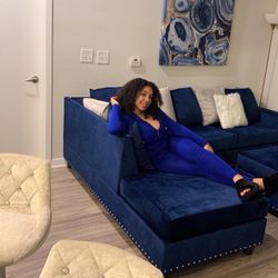 New Reversible 113 Inch Blue Velvet Sectional, Lowest Price Ever New In Box , Delivery Or Pickup Without Ottoman 