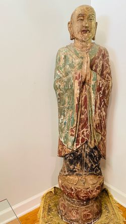 Antique Chinese Carved Wood Luohan (Arhat) Statue – 6 Ft, Polychrome
