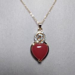 Pretty Red Jade Agate Heart Pdnt  CZ Gold Plated Setting And Chain Steel 18" 