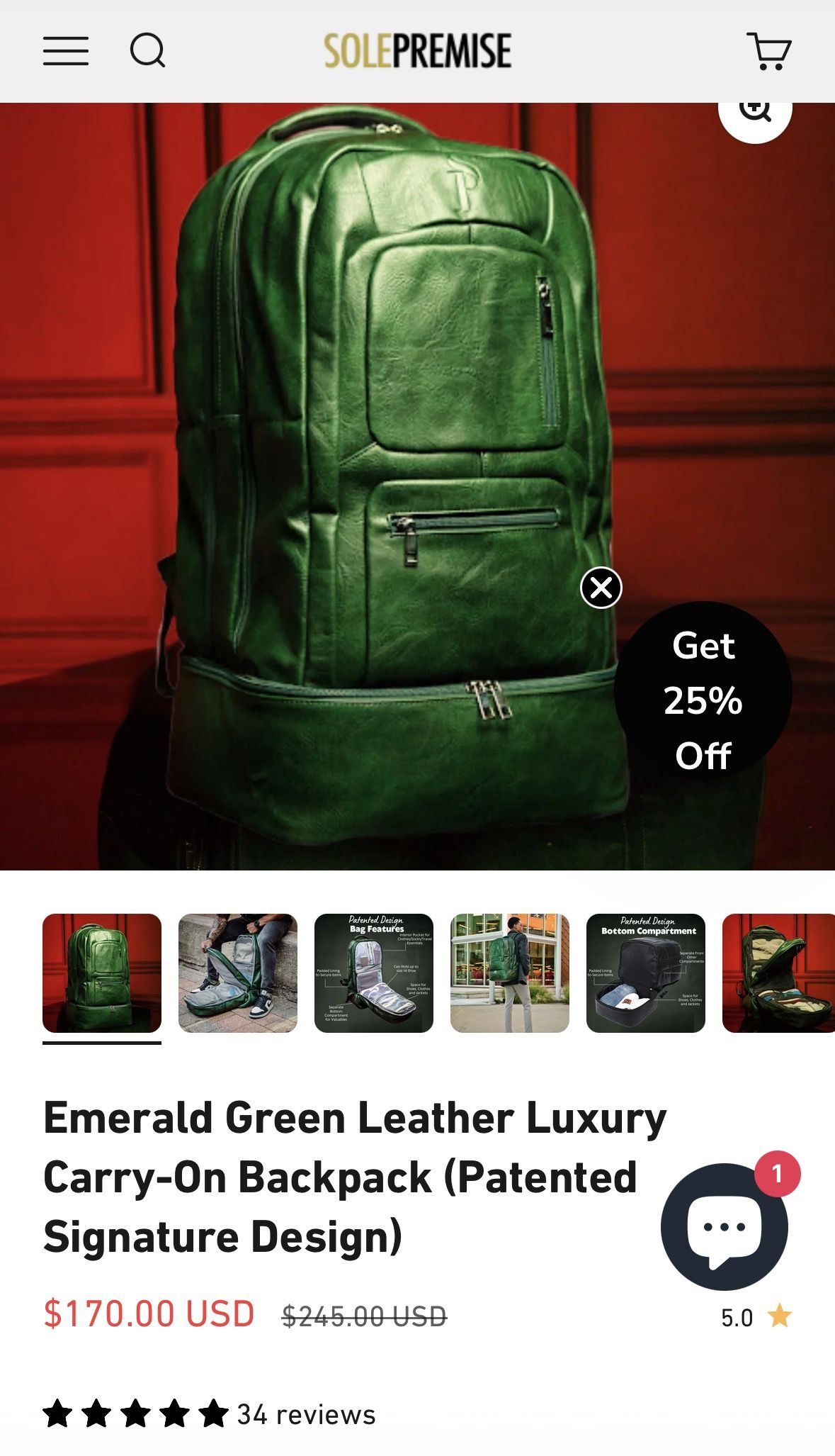 Sole Premise Emerald Green Leather Luxury Carry-On Backpack (Patented Signature Design)