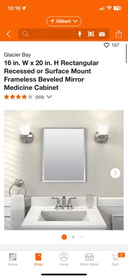 Glacier Bay 16 in. W x 20 in. H Rectangular Recessed or Surface Mount Frameless Beveled Mirror Medicine Cabinet