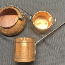 Solid Copper 3 Piece Hanging Kettle Pot, Long Handle Coffee Pot, and Stock Pot 