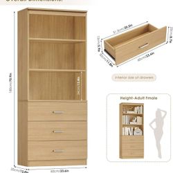 🥨FOTOSOK 71" H Bookshelf with Drawers, Bookshelf and Bookcase with 3-Tier Open Shelves, Tall Bookcase Wooden Shelf Storage Cabinet for Home Office, N