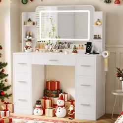 New Makeup Vanity Desk with LED Mirror, Modern Vanity Table Set with Storage & Power Outlet for Bedroom & Dressing Room, White  New in box VN25-0938-2