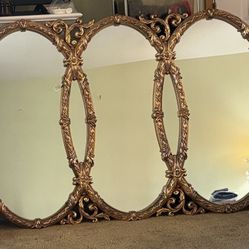 Bassett Vintage Triple Oval Ornate Gold Wall Mirror And White Trim Gold Fireplace 