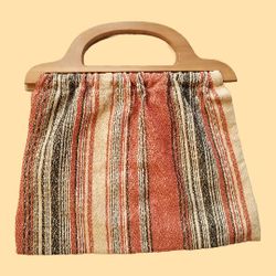 Vintage Fabric Handbag With Wooden Handles 