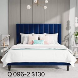 Queen Bed Frame/Velvet Upholstered Platform Bed Frame with Headboard/Strong Wood Slats Support/Mattress Foundation/No Box Spring Needed - Dark Blue（09