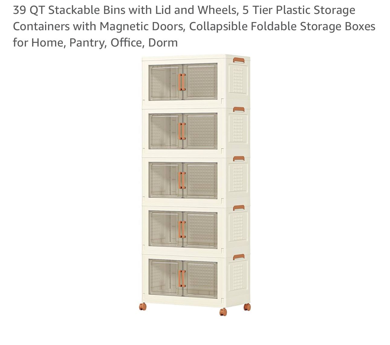 39 QT Stackable Bins with Lid and Wheels, 5 Tier Plastic Storage Containers with Magnetic Doors, Collapsible Foldable Storage Boxes for Home, Pantry, 