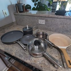 Non stick pots and pans and two stainless steel pots