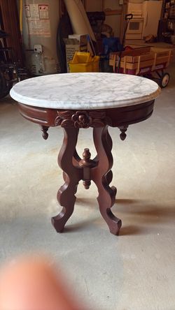 Pair of Victorian Marble Top Carved Wood Accent Tables