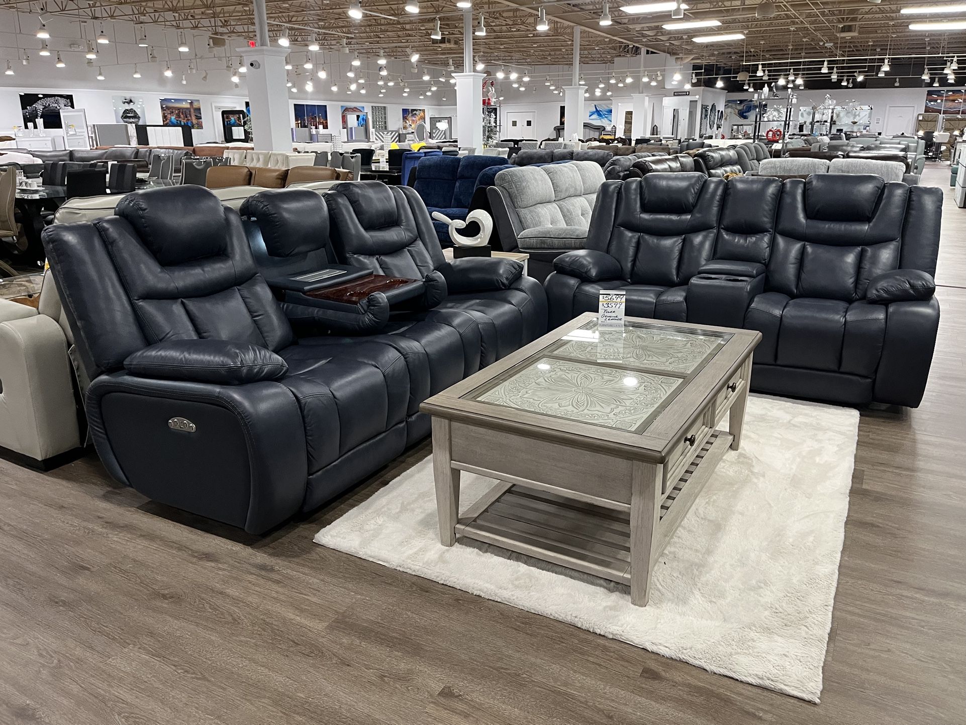 REAL GENUINE LEATHER NAVY SOFA & LOVESEAT POWER RECLINING HEAD & FOOTREST ARM STORAGE AND DROP DOWN MIDDLE CONSOLE !!!*** OFFER ENDS 12/5/25