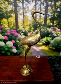 Vintage MCM Solid Brass Etched Crane Bird Figurine Egret Heron Sculpture 11.75"