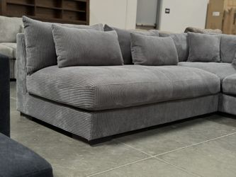 New Minimalist Modern Dark Gray Fabric Modular Sectional Couch and Ottoman Set Deep Seat Low Back Large Sofa Designer Style Staging Living Room Space