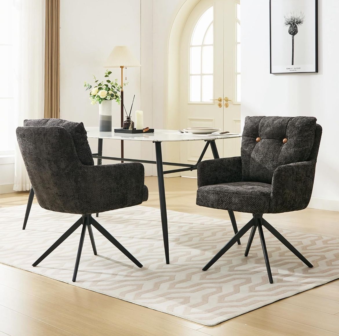 Black Dining Chairs Set of 2, Mid Century Modern Swivel Dining Chairs with Arm, Upholstered Dining Room Chairs with Metal Base