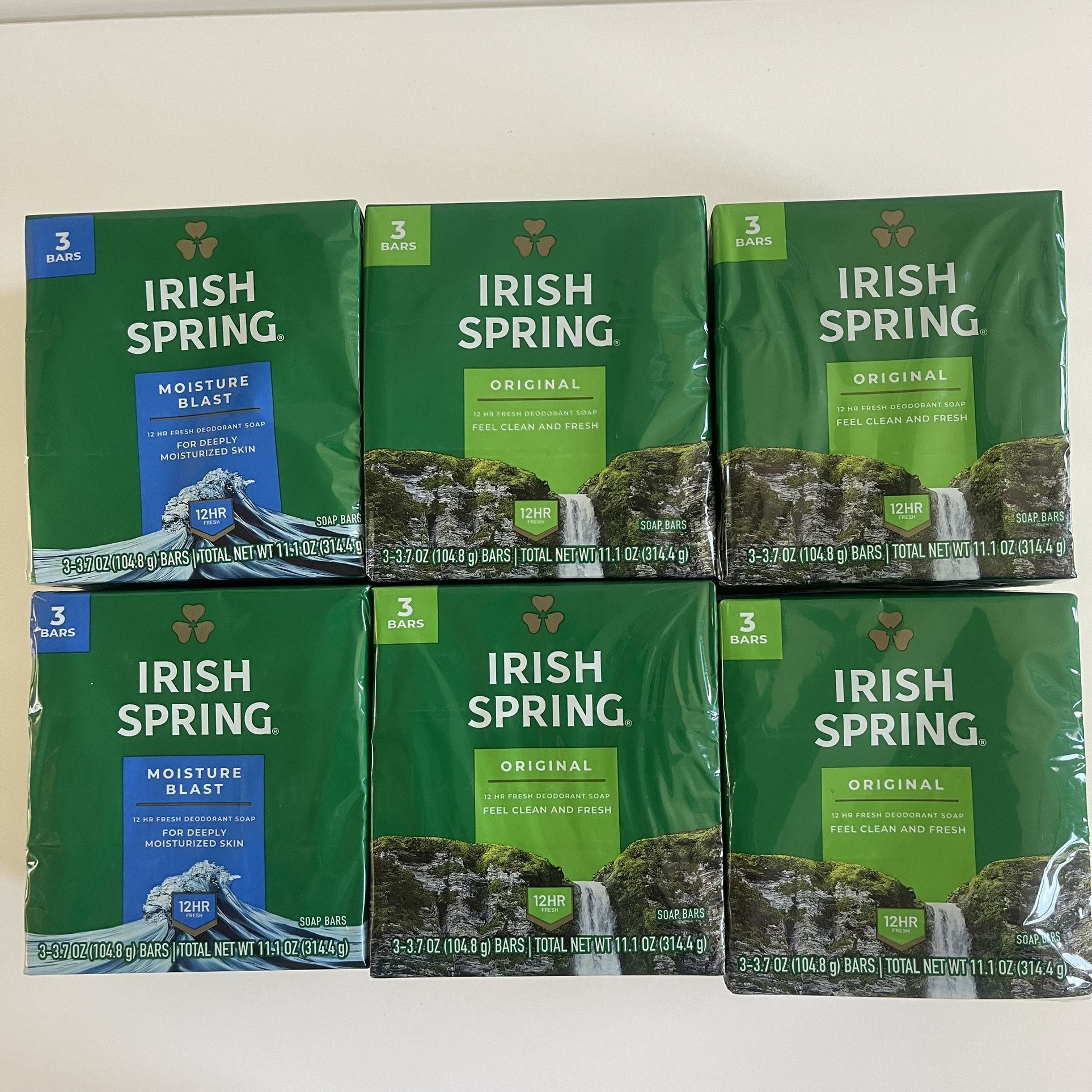 Irish Spring Original Clean Deodorant Bar Soap for Men, for All Skin Types, 3.7oz, 3 ct ( all 6 packs for $20)